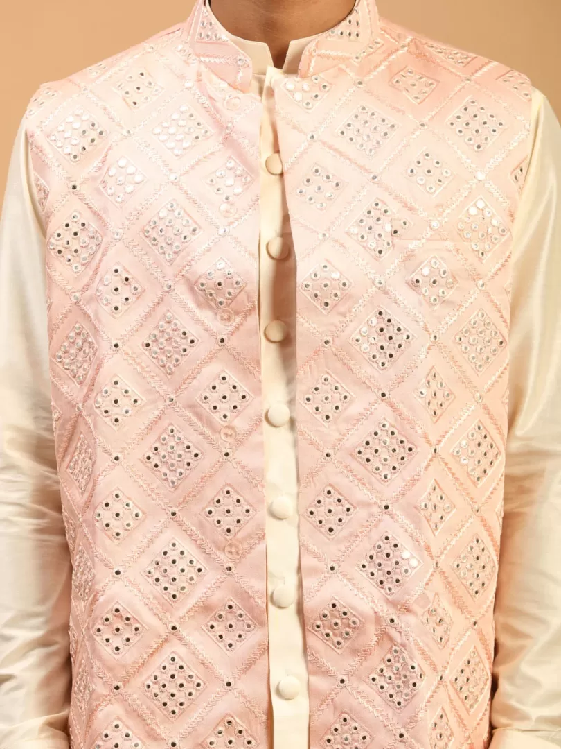 Men's Onion Pink And Cream Viscose Jacket, Kurta and Pyjama Set