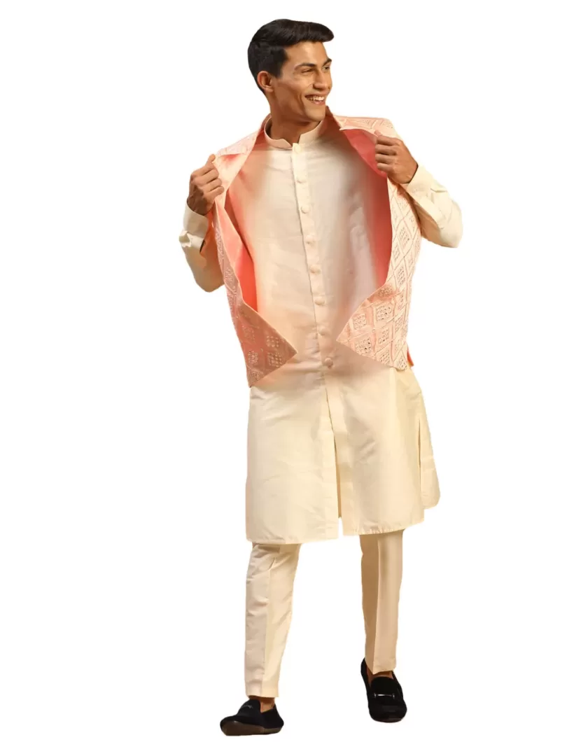 Men's Onion Pink And Cream Viscose Jacket, Kurta and Pyjama Set