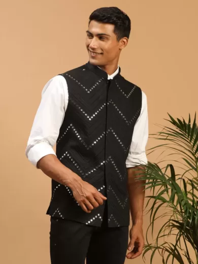 Men's Black Mirror Work Nehru Jacket