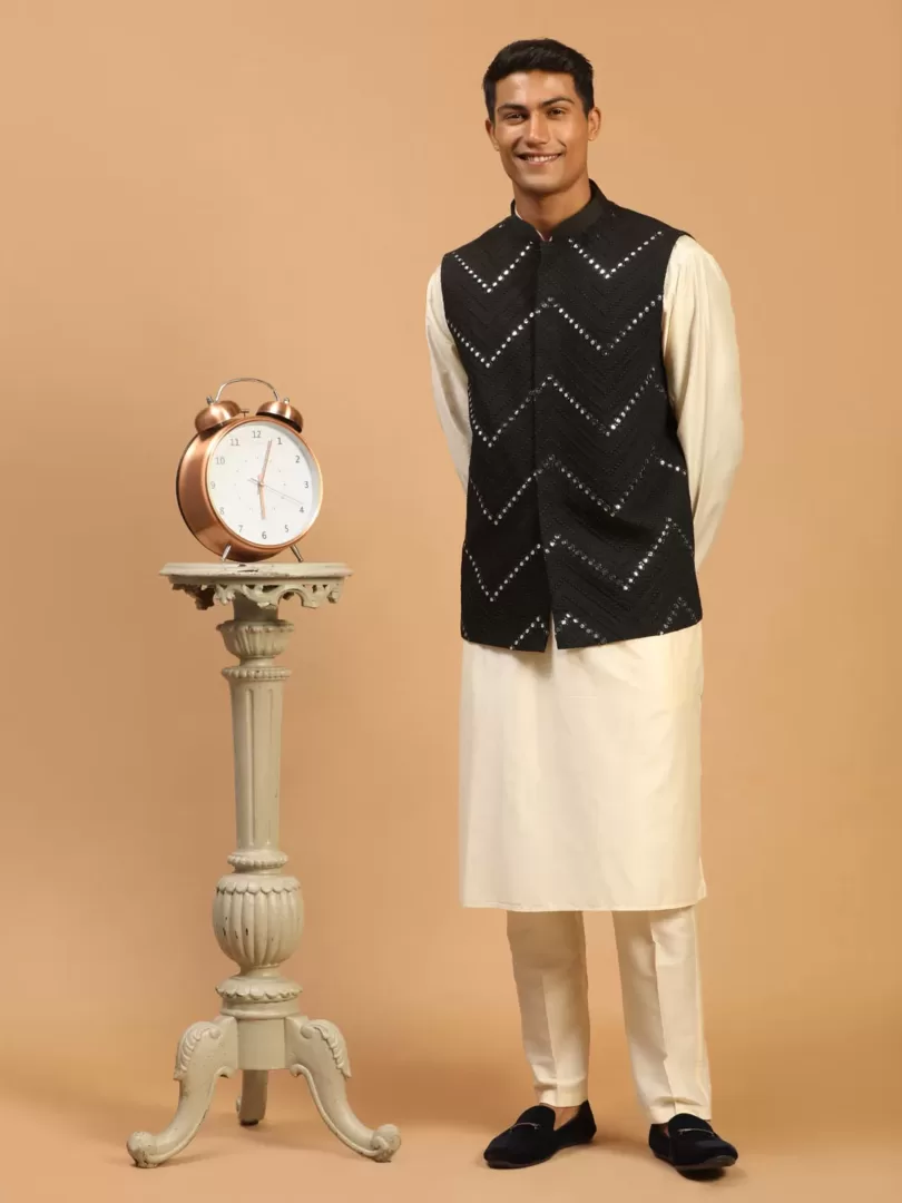 Men's Black And Cream Viscose Jacket, Kurta and Pyjama Set