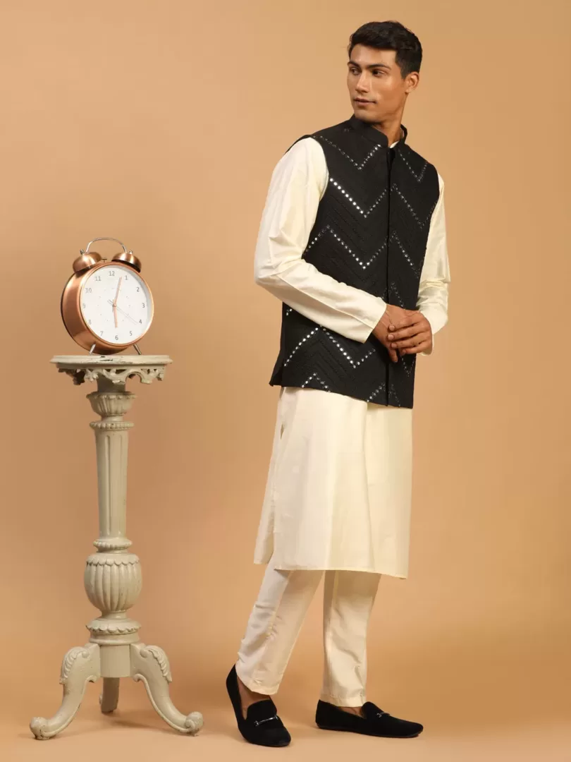 Men's Black And Cream Viscose Jacket, Kurta and Pyjama Set