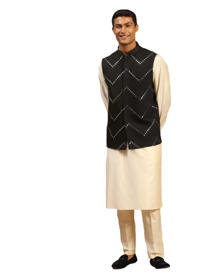 Men's Black And Cream Viscose Jacket, Kurta and Pyjama Set