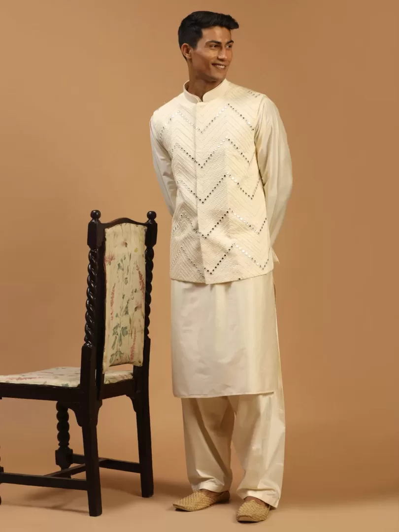 Men's Cream Viscose Jacket, Kurta and Pyjama Set