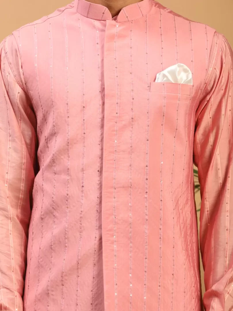 Men's Pink And Cream Cotton Blend Jacket, Kurta and Pyjama Set