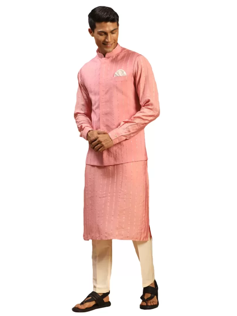 Men's Pink And Cream Cotton Blend Jacket, Kurta and Pyjama Set