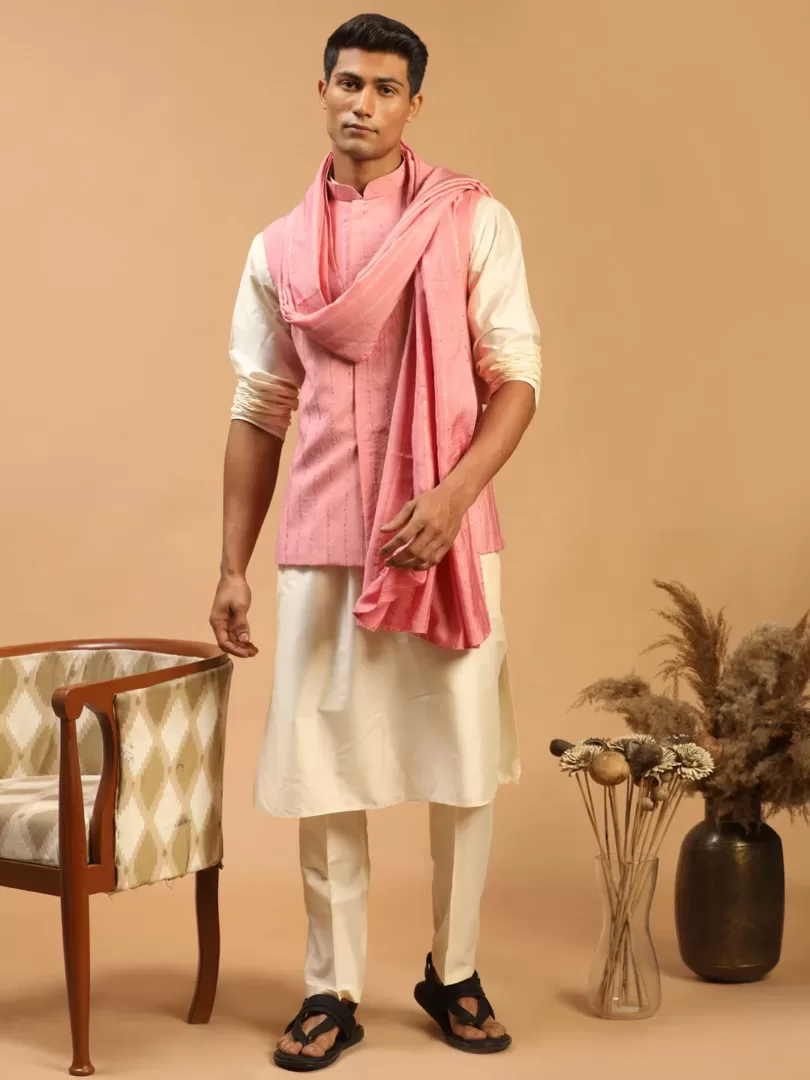 Men's Cream and Pink Viscose Jacket, Kurta, Pyjama and Dupatta Set