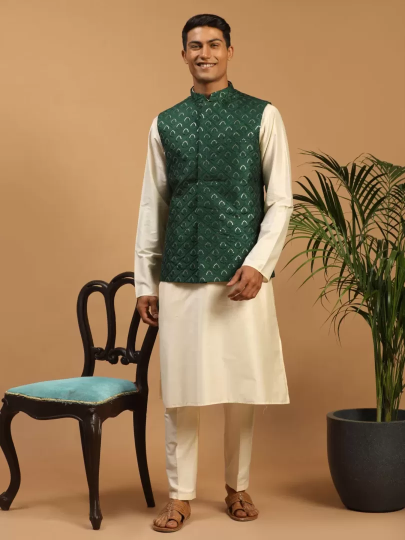 Men's Cream Cotton Blend Jacket, Kurta & Pyjama