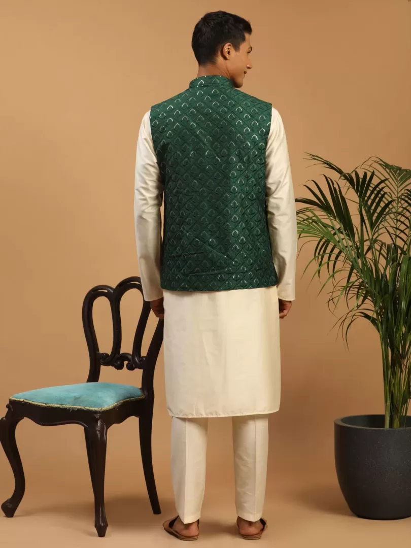 Men's Cream Cotton Blend Jacket, Kurta & Pyjama