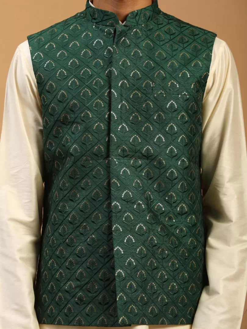 Men's Cream Cotton Blend Jacket, Kurta & Pyjama