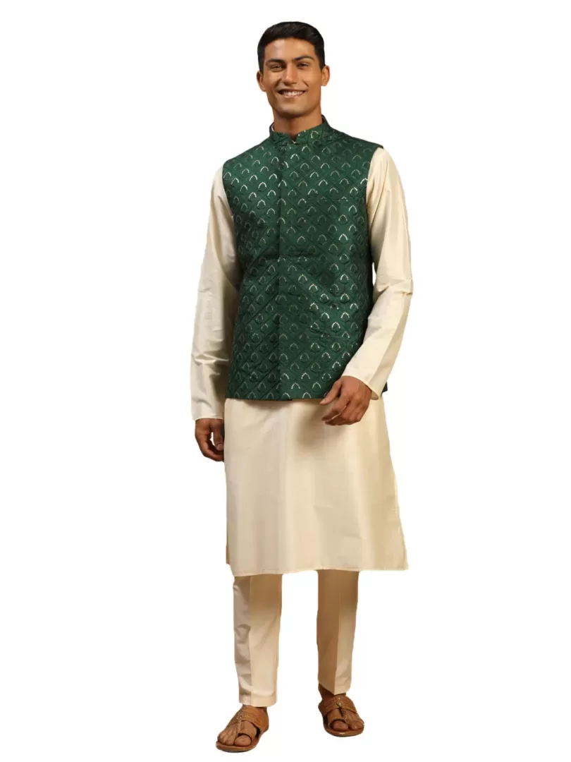 Men's Cream Cotton Blend Jacket, Kurta & Pyjama