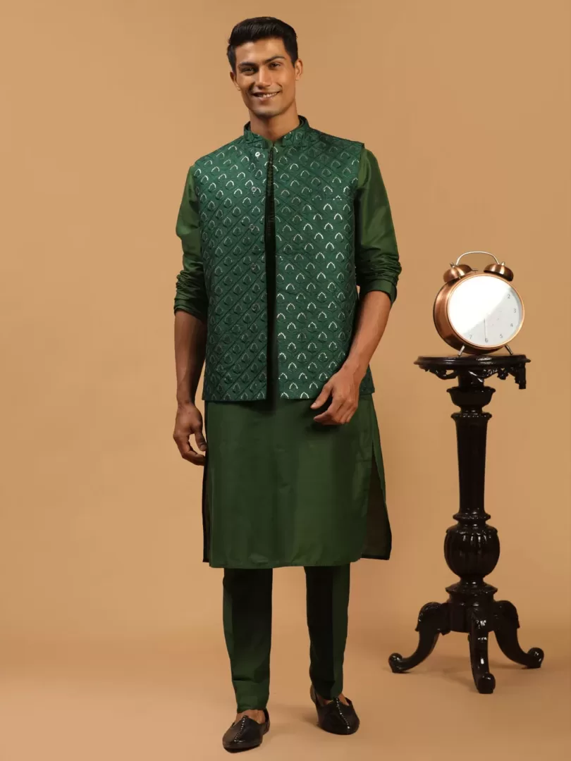 Men's Green Silk Blend Jacket, Kurta & Pyjama