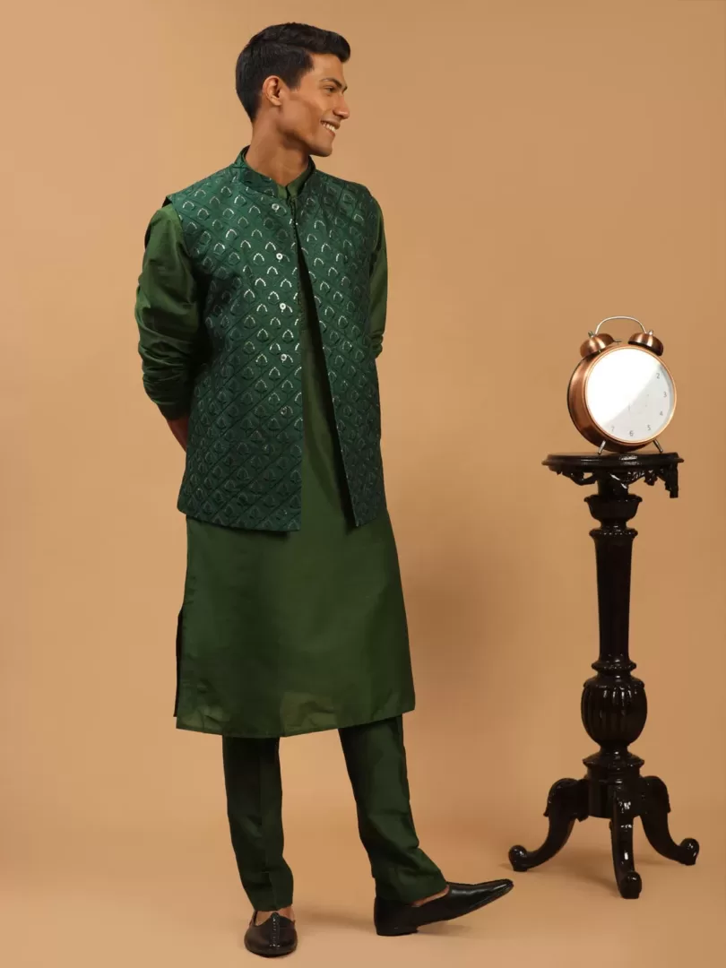 Men's Green Silk Blend Jacket, Kurta & Pyjama