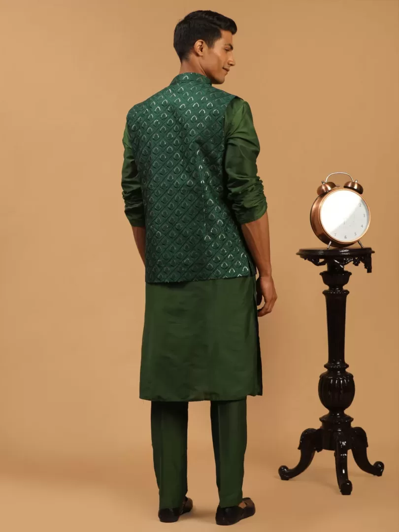 Men's Green Silk Blend Jacket, Kurta & Pyjama