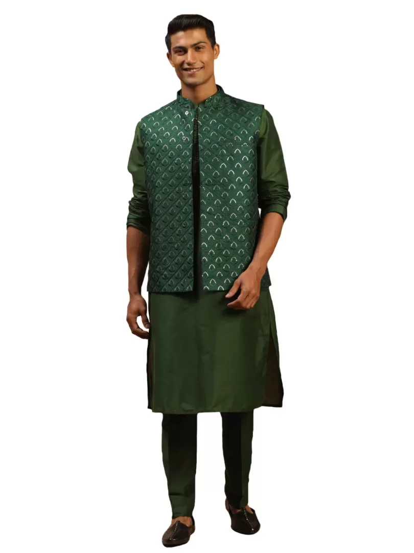 Men's Green Silk Blend Jacket, Kurta & Pyjama