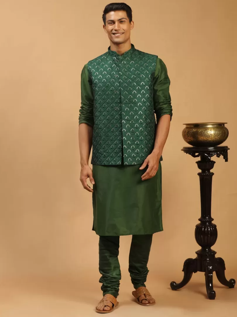 Men's Green Silk Blend Jacket, Kurta & Pyjama