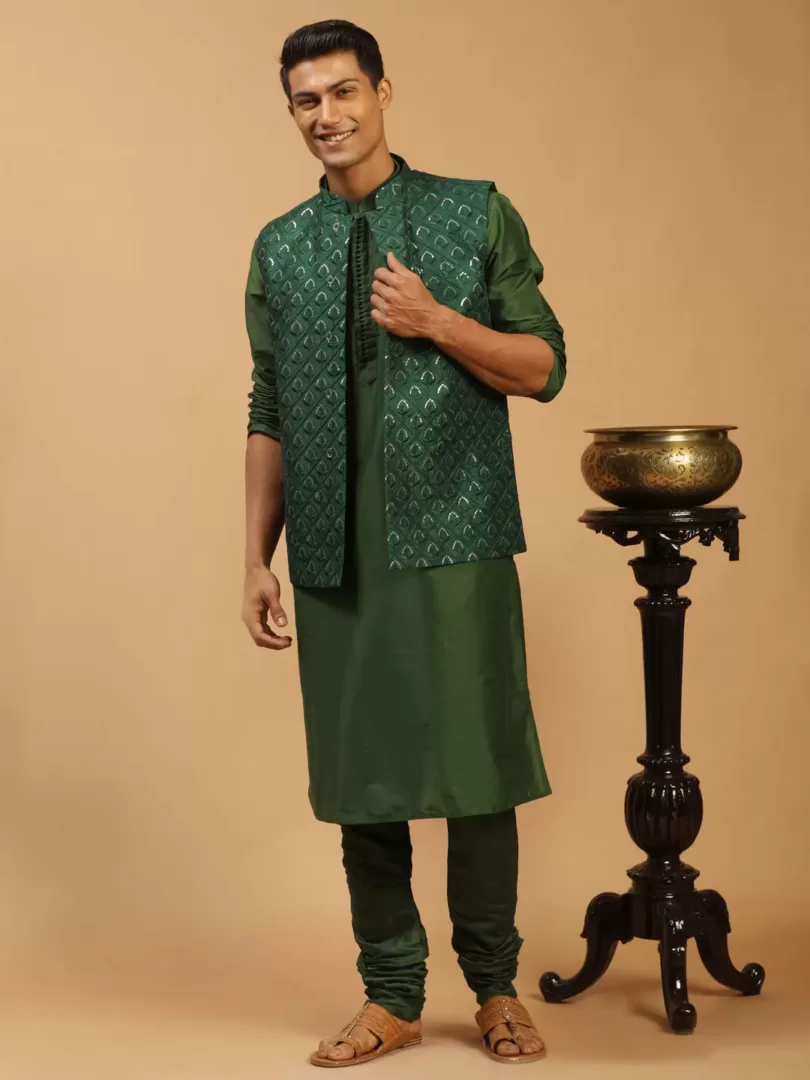 Men's Green Silk Blend Jacket, Kurta & Pyjama