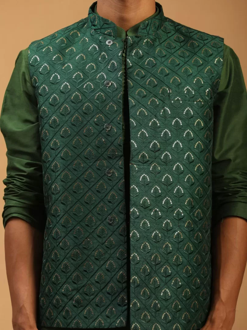 Men's Green Silk Blend Jacket, Kurta & Pyjama