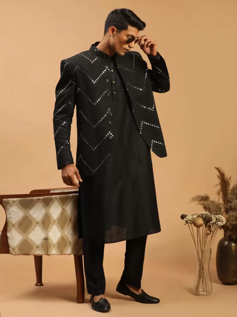 Men's Black Viscose Ethnic Combo Set