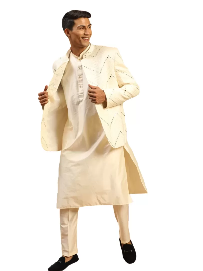 Men's Cream Viscose Ethnic Combo Set