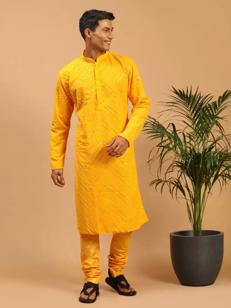 Men's Yellow Georgette Kurta Pyjama Set