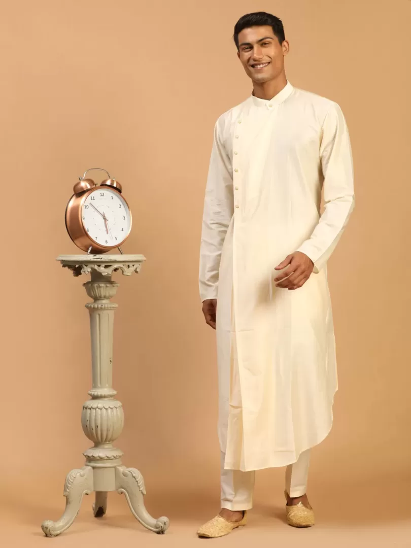 Men's Cream Viscose Blend Kurta Pyjama Set