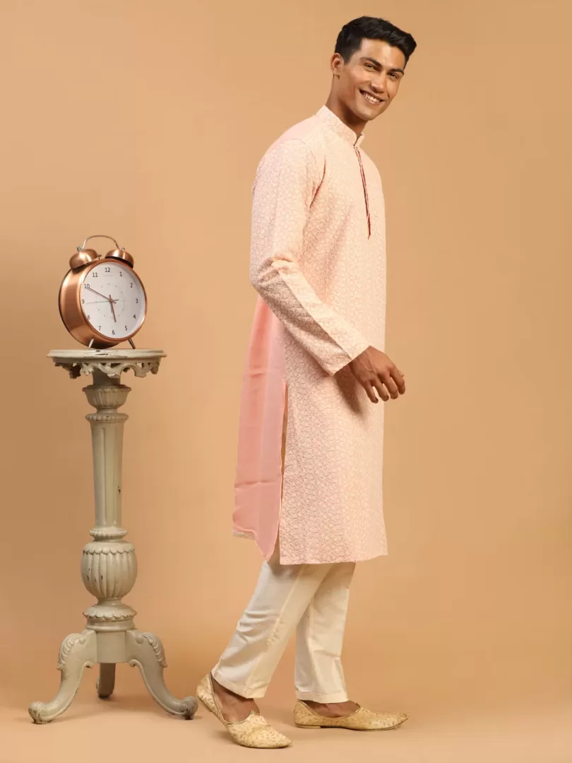 Men's Pink And Cream Georgette Kurta Pyjama Set