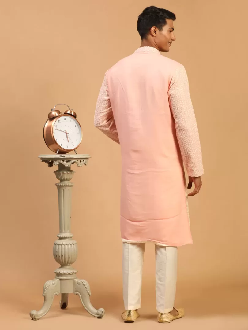 Men's Pink And Cream Georgette Kurta Pyjama Set