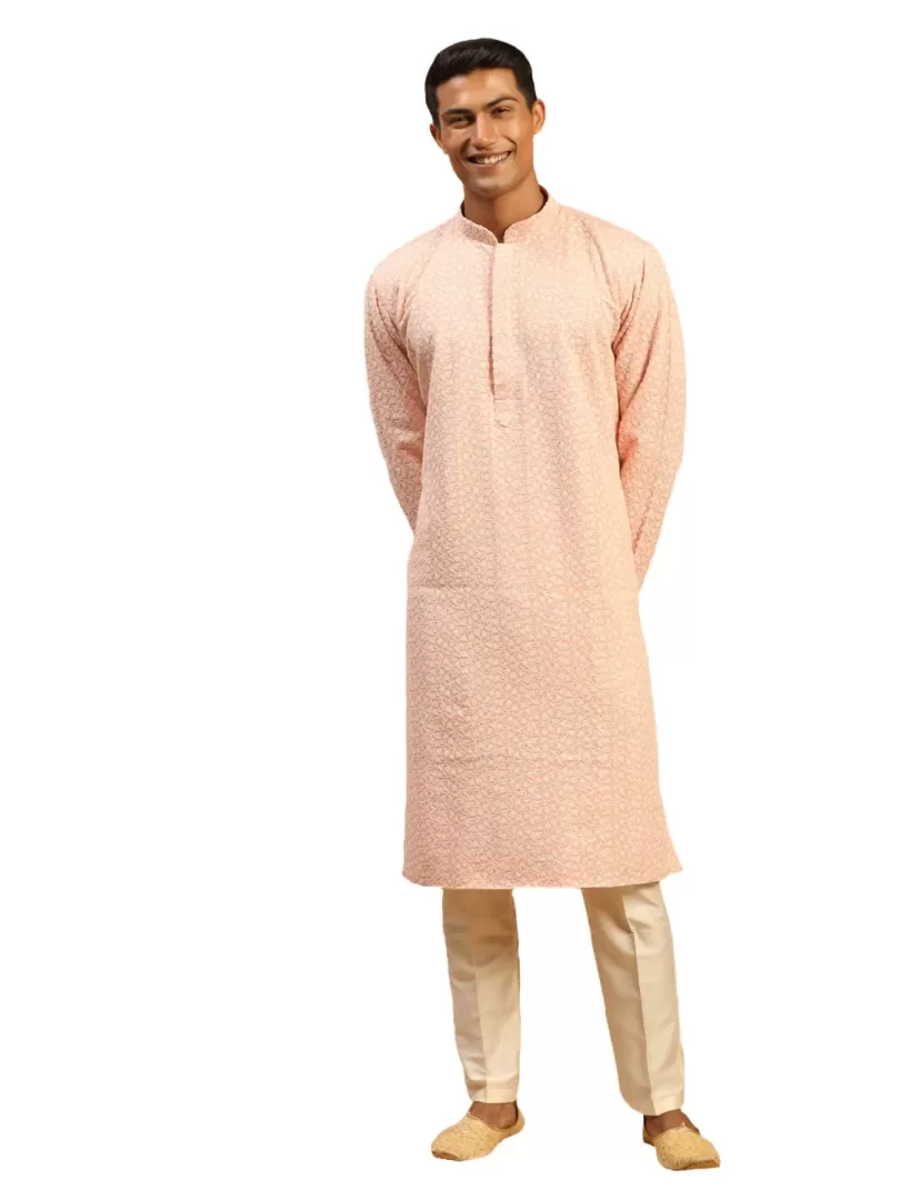 Men's Pink And Cream Georgette Kurta Pyjama Set