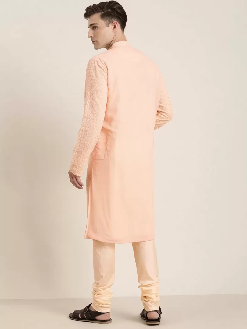 Men's Pink And Cream Georgette Kurta Pyjama Set