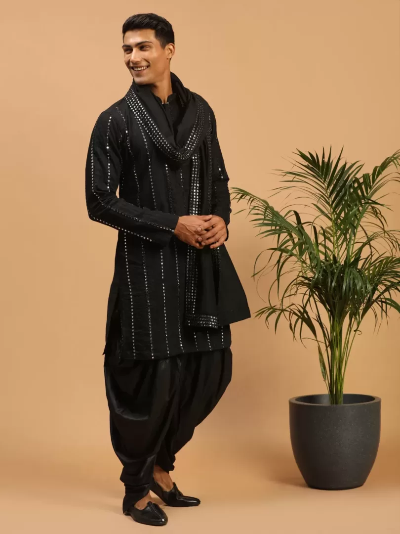 Men's Black Viscose Kurta and Dhoti Set