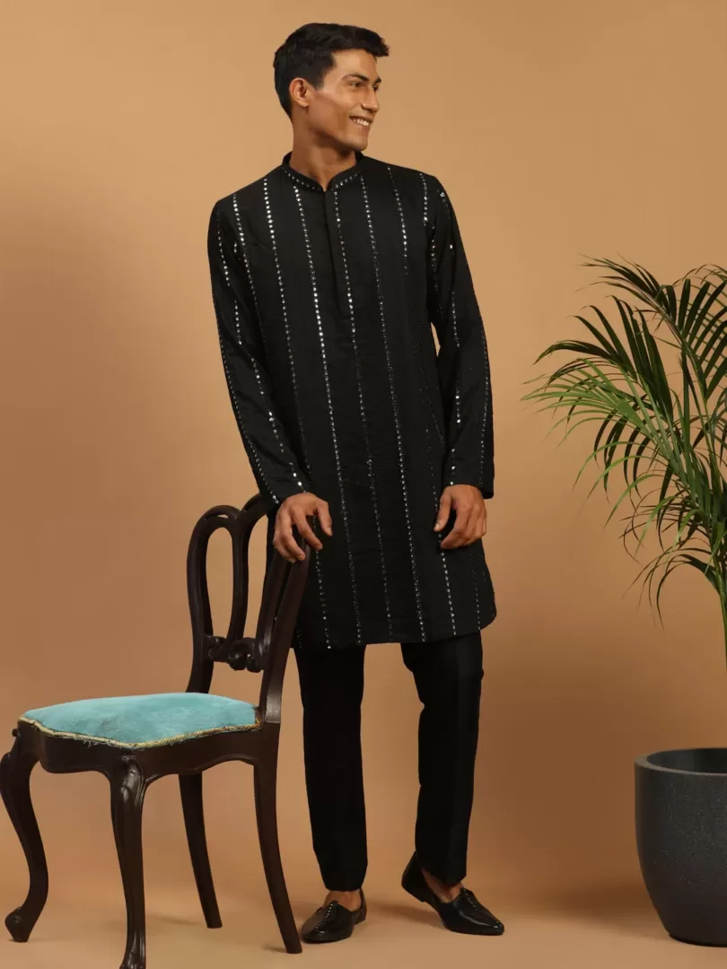 Men's Black Viscose Kurta Pyjama Set