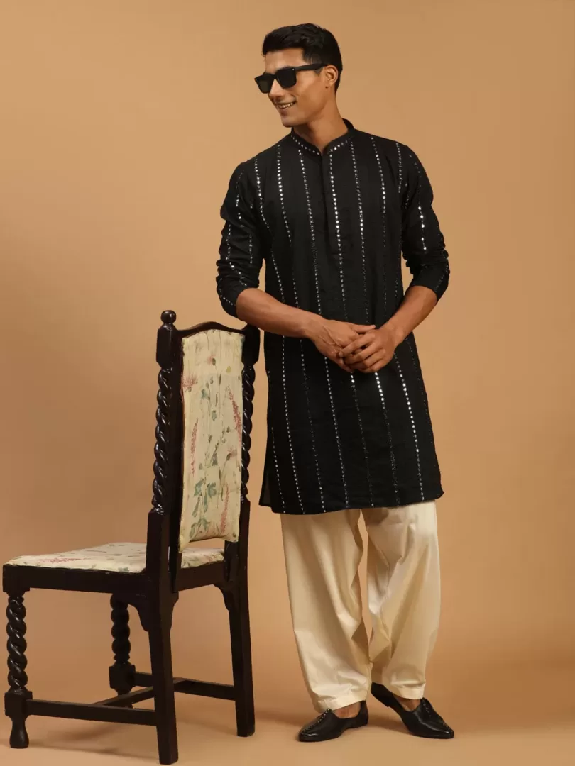 Men's Black And Cream Viscose Kurta and Patiala Set