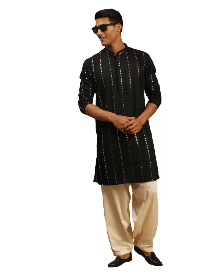 Men's Black And Cream Viscose Kurta and Patiala Set