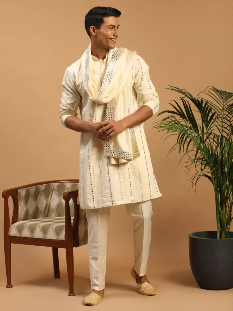 Men's Cream Viscose Kurta, Pyjama & Dupatta Set