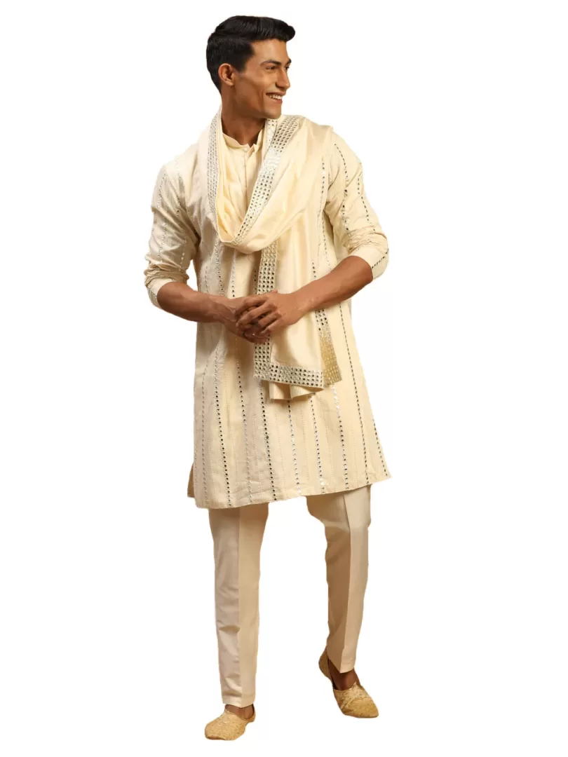 Men's Cream Viscose Kurta, Pyjama & Dupatta Set