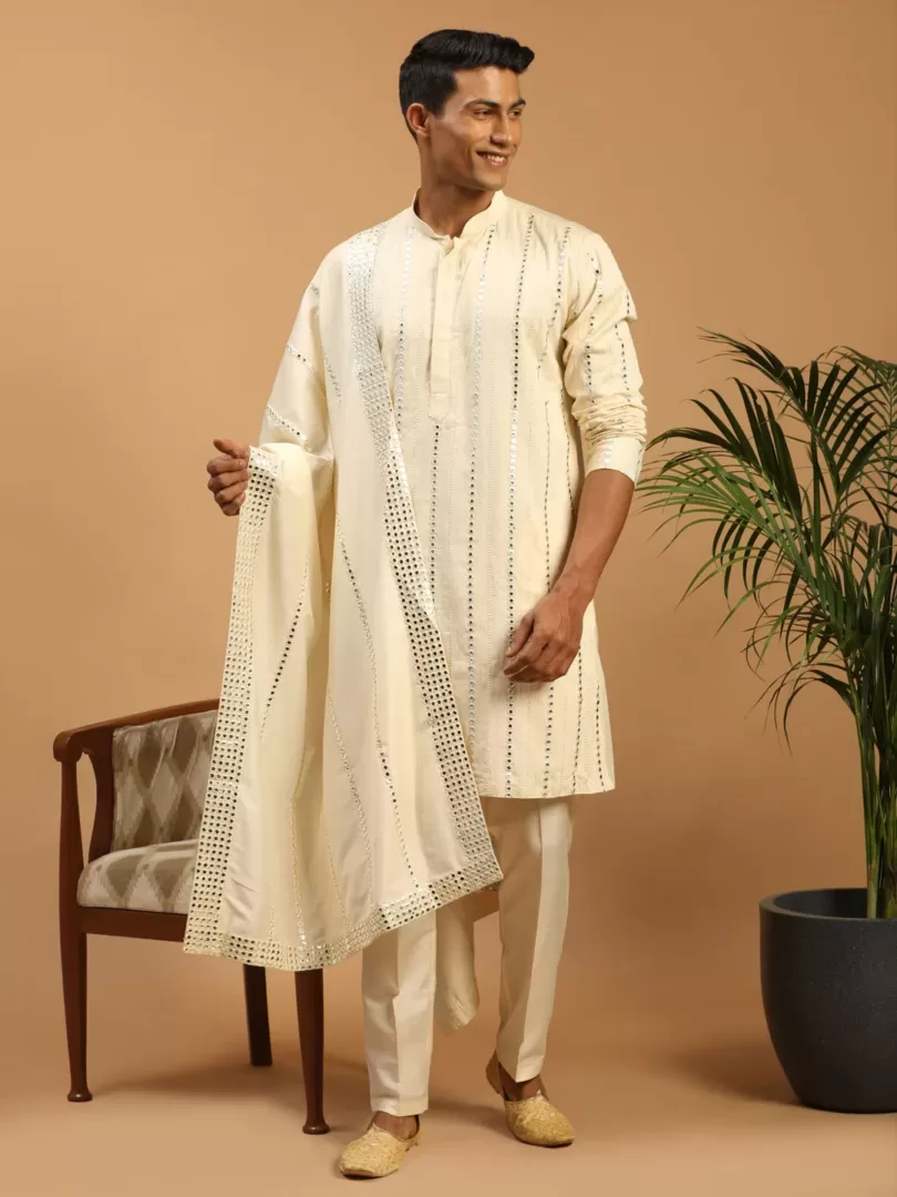 Men's Cream Viscose Kurta, Pyjama & Dupatta Set