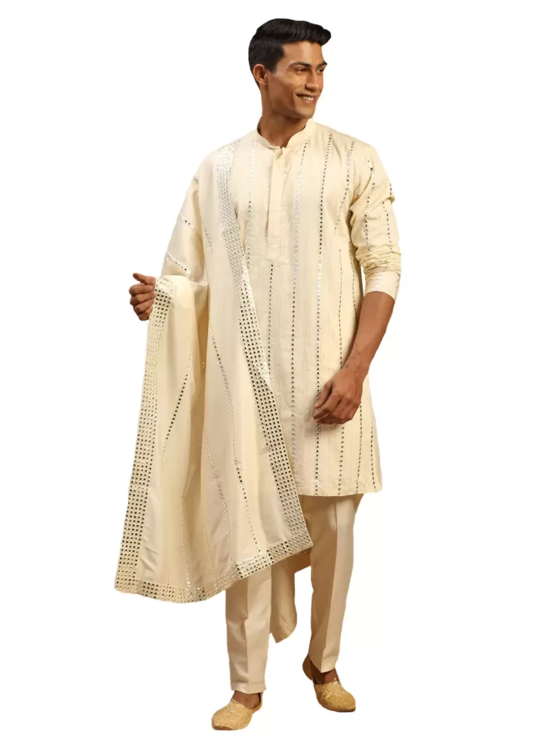 Men's Cream Viscose Kurta, Pyjama & Dupatta Set