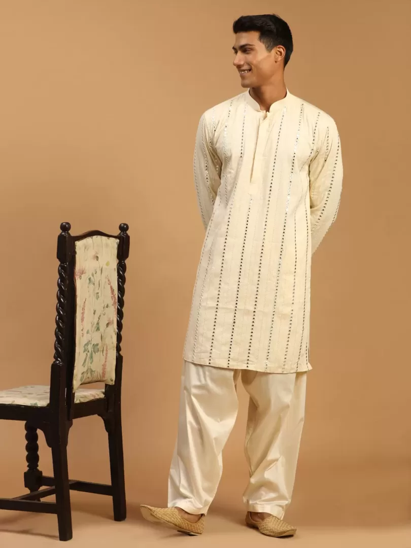 Men's Cream Viscose Kurta and Patiala Set