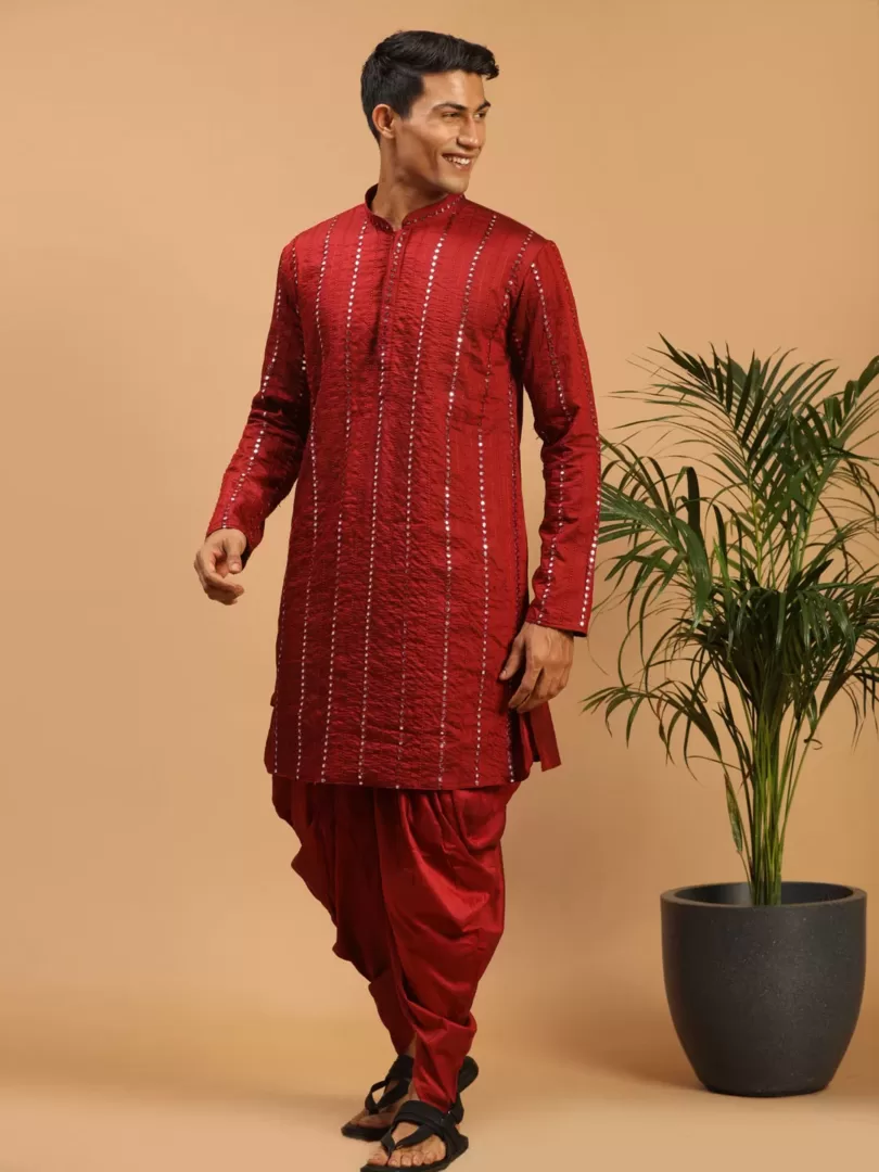 Men's Maroon Viscose Kurta and Dhoti Set