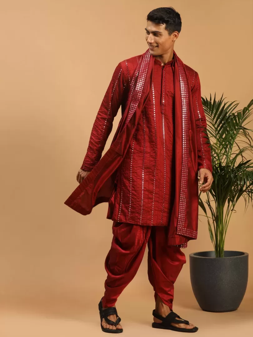 Men's Maroon Viscose Kurta and Dhoti Set