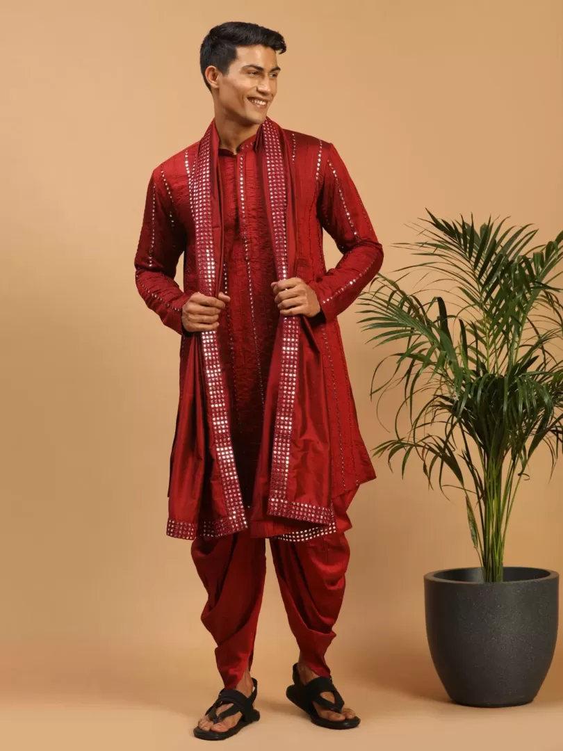 Men's Maroon Viscose Kurta and Dhoti Set