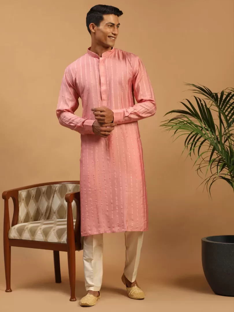 Men's Purple And Cream Cotton Blend Kurta Pyjama Set