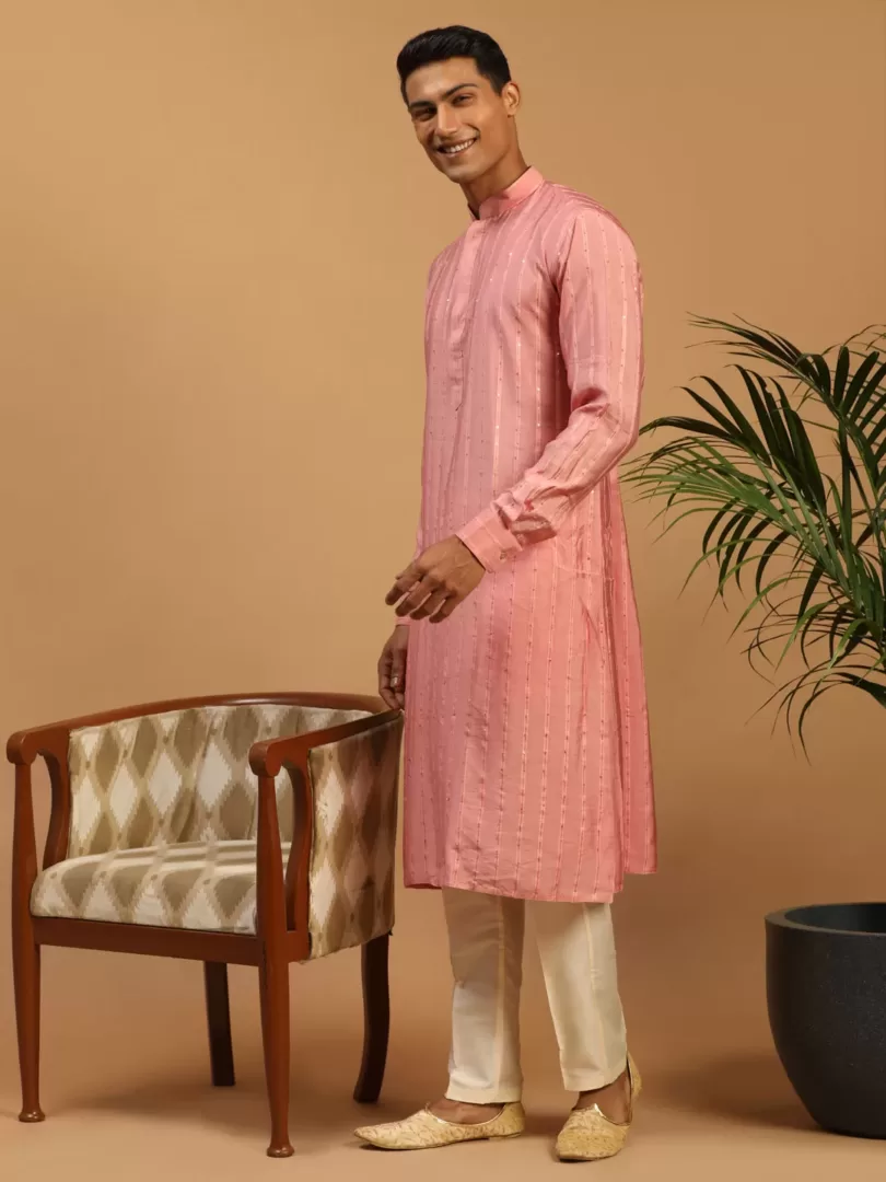 Men's Purple And Cream Cotton Blend Kurta Pyjama Set