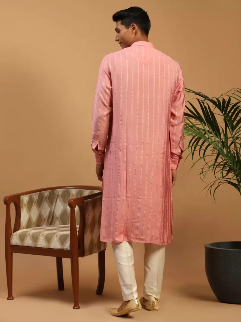 Men's Purple And Cream Cotton Blend Kurta Pyjama Set