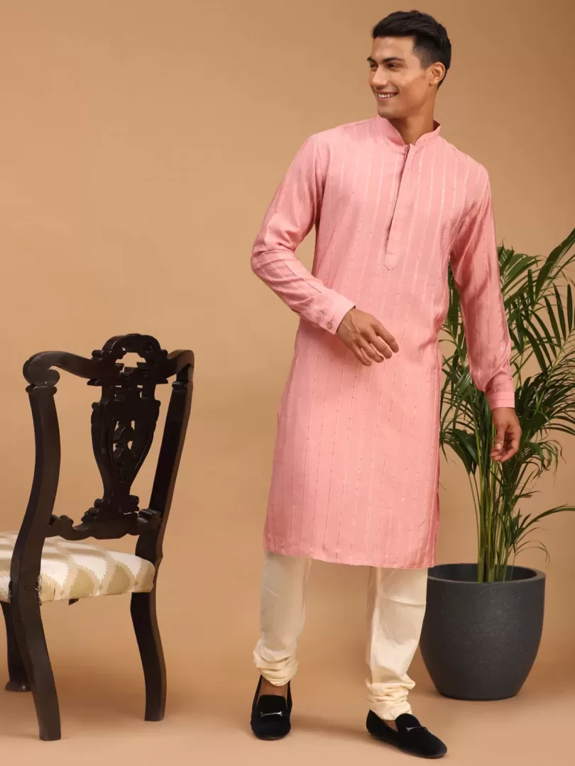 Men's Purple And Cream Cotton Blend Kurta Pyjama Set