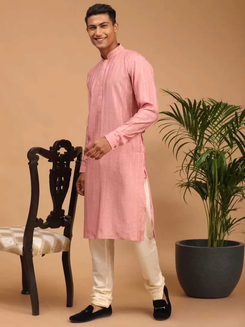 Men's Purple And Cream Cotton Blend Kurta Pyjama Set