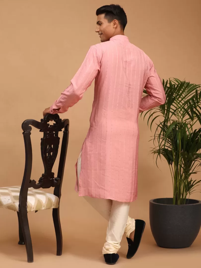 Men's Purple And Cream Cotton Blend Kurta Pyjama Set