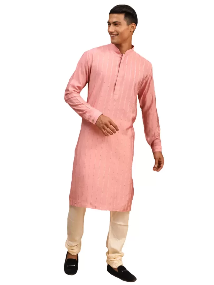 Men's Purple And Cream Cotton Blend Kurta Pyjama Set