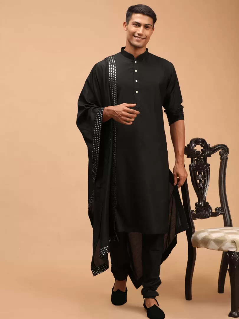 Men's Black Viscose Kurta, Pyjama & Dupatta Set