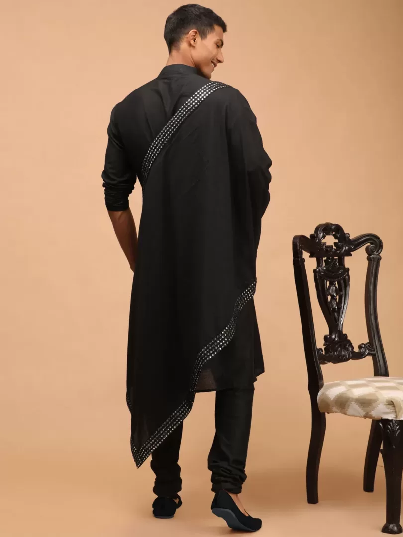 Men's Black Viscose Kurta, Pyjama & Dupatta Set